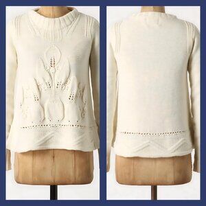 Anthropologie Rosie Neira Wool Cream Cloud Leaf Knit Sweater (size S)